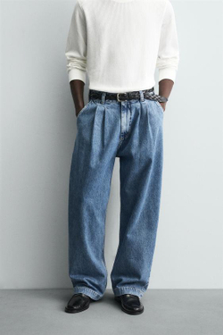 ZARA ДЖИНСЫ WIDE-LEG С ЗАЩИПАМИ, ГОЛУБОЙ