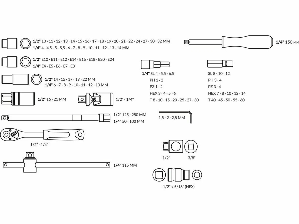 Набор инструментов 1/4", 1/2" 6 граней 108 предметов трек (TR13108)