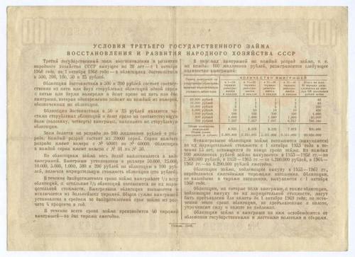 Облигация 100 рублей 1948 год. 3-ий заем восстановления и развития народного хозяйства. Серия № 049590. VF
