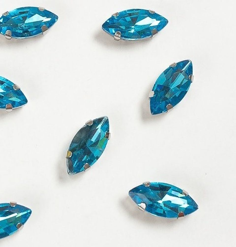 Стразы пришивные стекло в оправе, р. 15х7 мм, голубой
