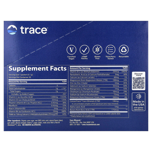 Trace, Power Pak, гранат и голубика, 30 стик-пакетов по 6,1 г (0,22 унции)