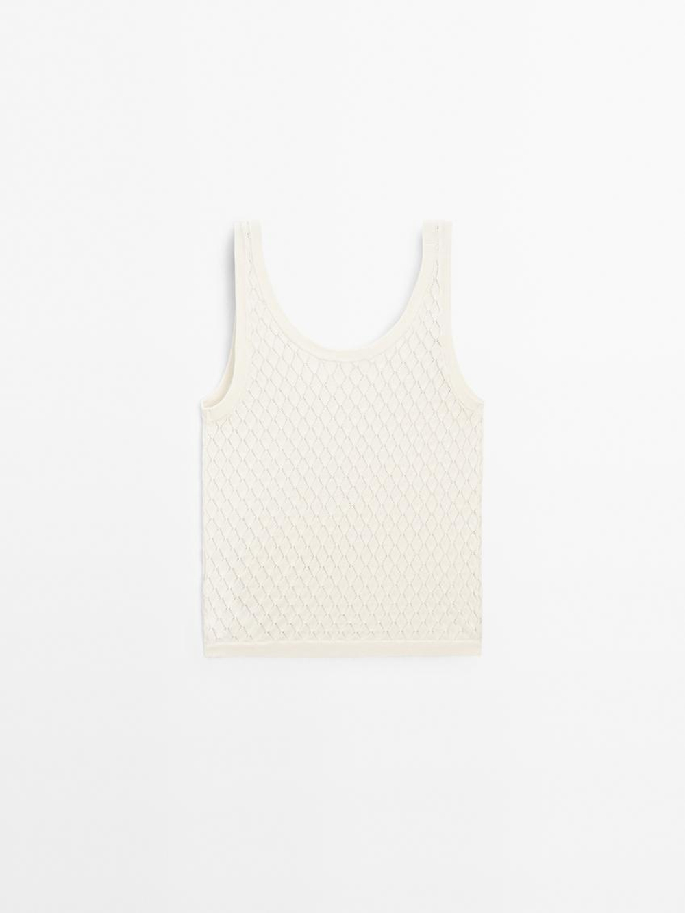 Massimo Dutti Трикотажный топ ажурной вязки с узором «ромбы», натуральный, кремовый