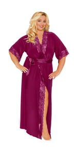 Длинный пеньюар с изящным кружевом и атласным поясом (Размер: XL) (Цвет: темно-синий)