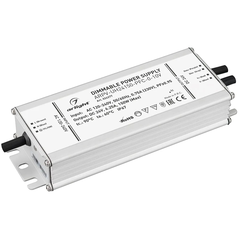 Блок питания ARPV-UH24150-PFC-0-10V (24V, 6.3A, 150W) (Arlight, IP67 Металл, 7 лет) 024277