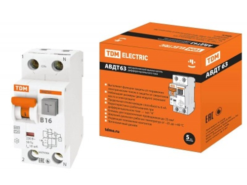 Диф.автомат В16 63 2Р(1Р+N) 10мА 6кА тип А TDM