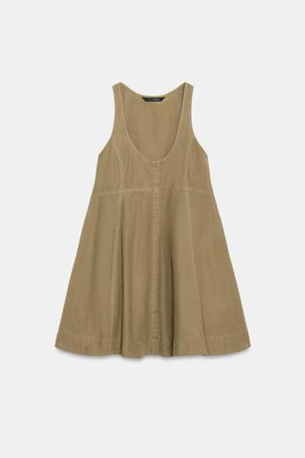 ZARA МИНИ-ПЛАТЬЕ ИЗ ВЫСТИРАННОГО ПОПЛИНА, ТЕМНЫЙ ХАКИ