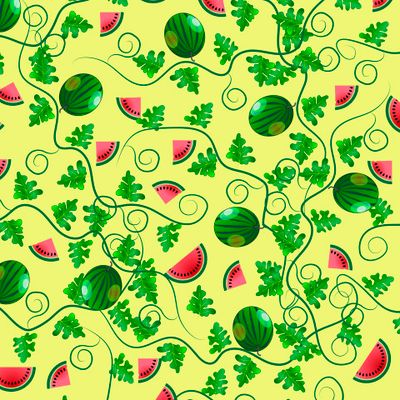 Яркий узор с плетущимися ветвями и кусочками арбуза