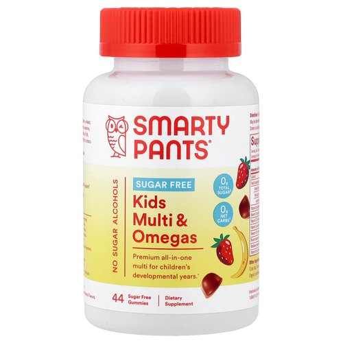 SmartyPants, мультивитамины и омега-кислоты для детей, без сахара, клубничный и банановый вкус, 44 жевательных таблетки