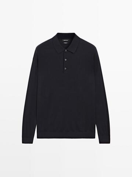Massimo Dutti Трикотажное свитер поло из 100% мериносовой шерсти, темно-синий