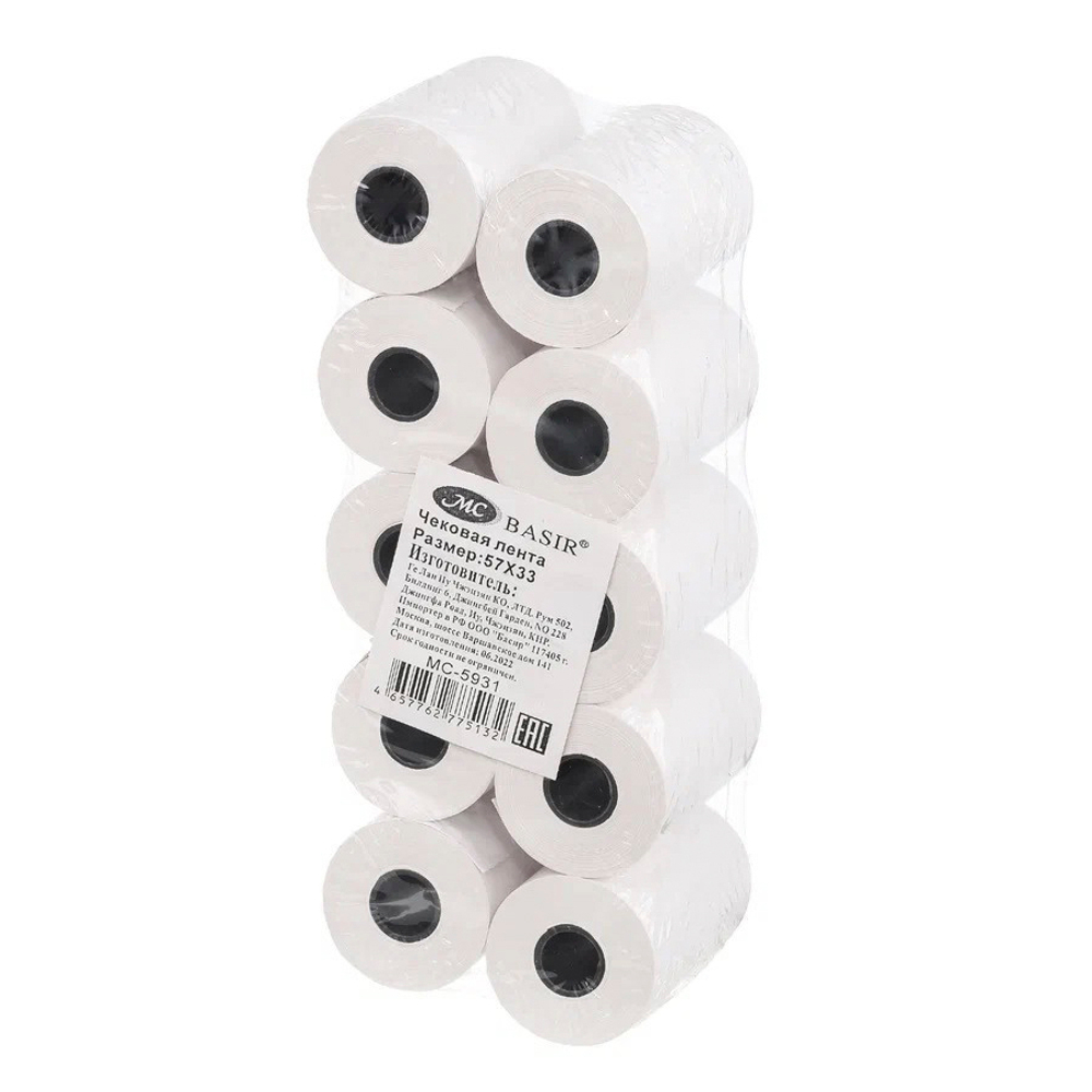 Чековая лента Basir из термобумаги, 57*33 мм, 6 м, втулка 12 мм, белая, 10 шт