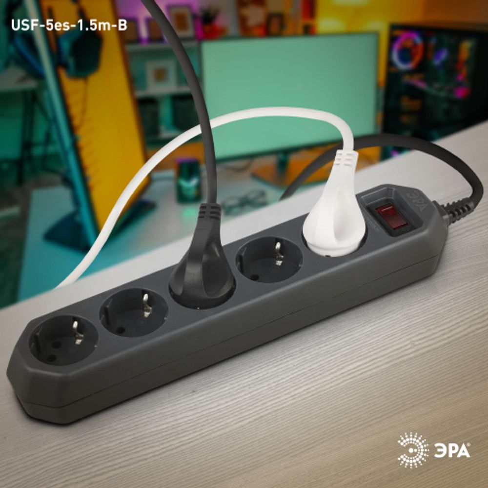 Сетевой фильтр ЭРА USF-5es-1.5m-B с базовой защитой с заземлением с выключателем 5 розеток 1,5м 10А черный