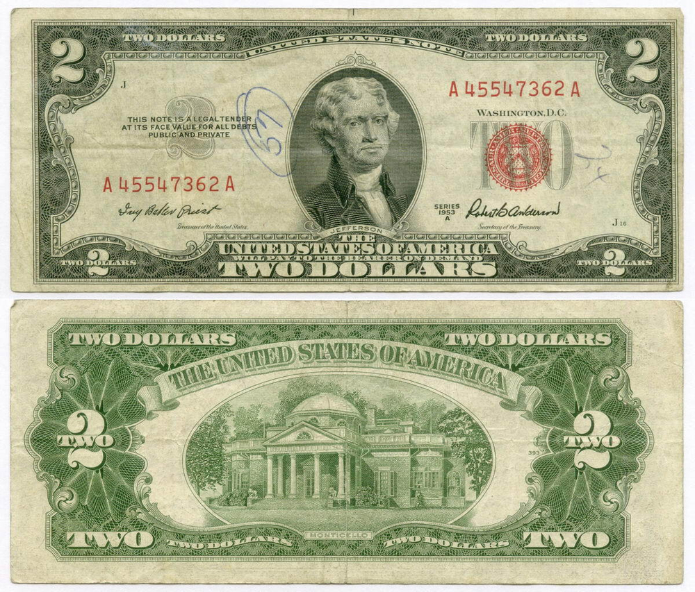 Банкнота США 2 доллара 1953A A 45547362 A. VG (надпись)