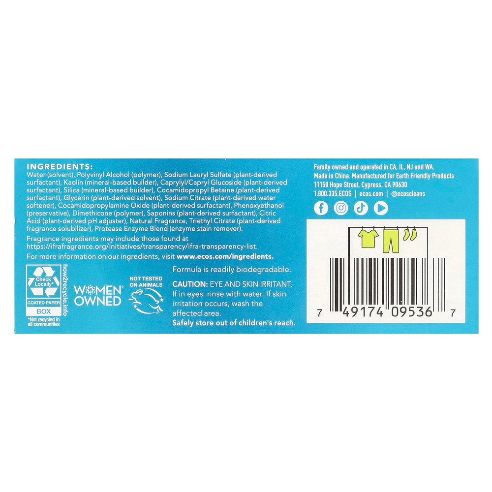 Earth Friendly Products, ECOS®, моющее средство для стирки на растительной основе, магнолия и лилия, 50 шт., 175 г (6,17 унции)