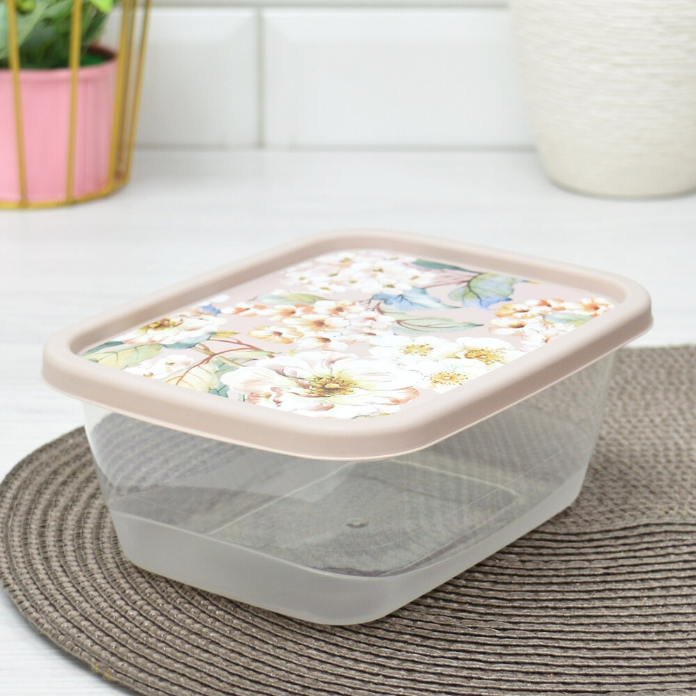 Контейнер для продуктов 0,85л прямоугольный с декором (бежевый)