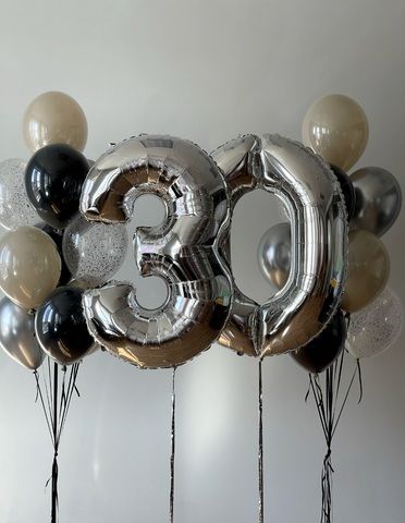 Шары цифры 30 серебро набор: черный серебро и бежевый