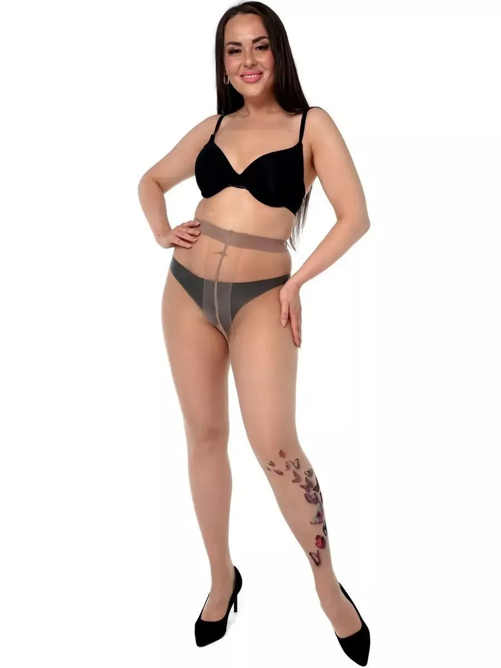 Колготки +size с разноцветными бабочками на левой ножке (Размер: XL-XXL-XXXL) (Цвет: бежевый)