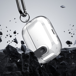 Прозрачный чехол с кнопкой черного цвета от Dux Ducis для наушников AirPods Pro 2, серия PECL Series Case, в комплекте с карабином