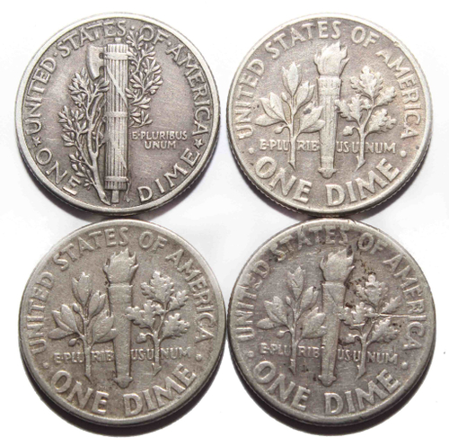 Набор из 4 монет 10 центов (дайм) 1943, 1947, 1954, 1957 гг. США. VF-XF