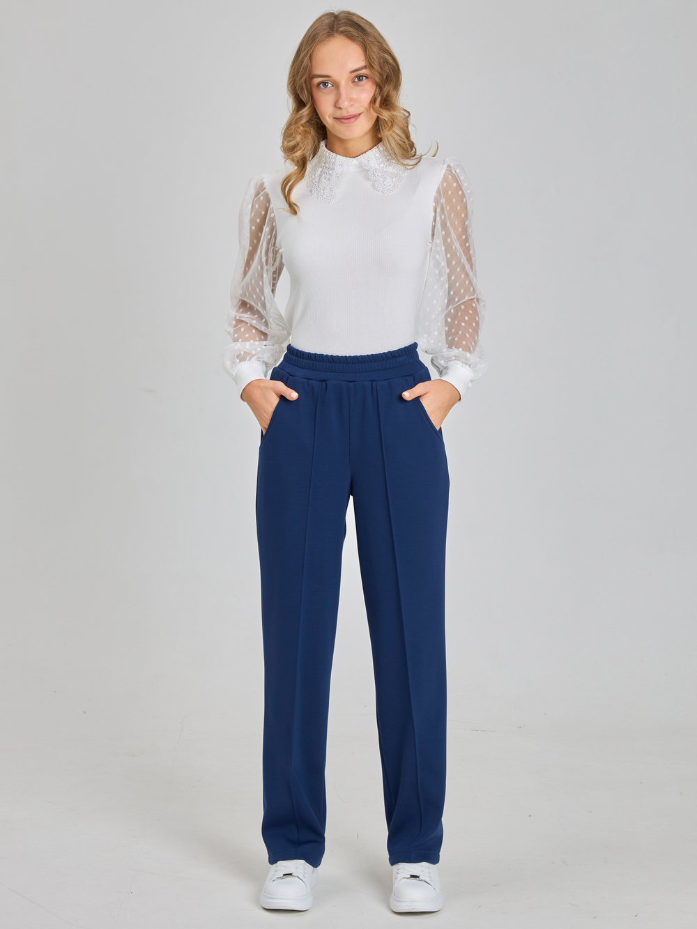 Брюки утепленные для девочки прямые с прошитой стрелкой тёмно-синие