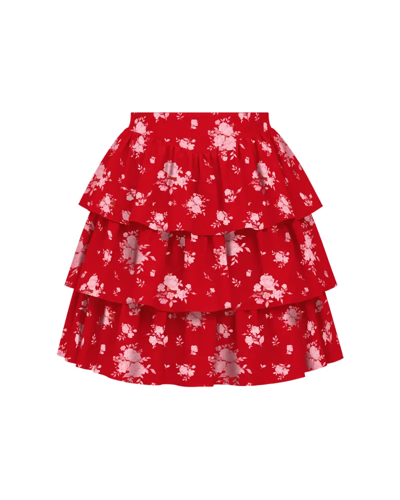 Betty mini, юбка мини из красного крепдешина с цветочным принтом