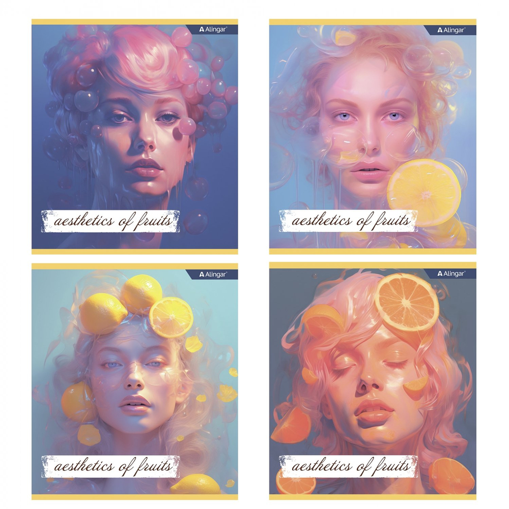 Тетрадь 48л., А5, клетка, Alingar "Аesthetic", скрепка, мелованный картон (стандарт), блок офсет, 4 дизайна в пленке т/у