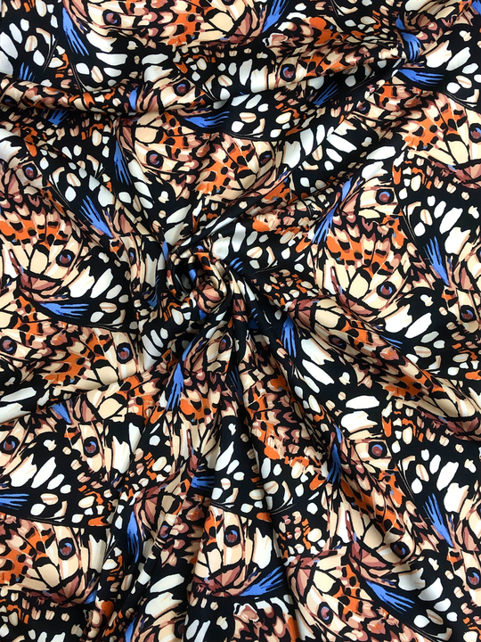 Плательная принт, бабочки беж/теракот/синий на черном BAVARIA D28