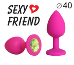 Ярко-розовая анальная пробка с салатовым кристаллом - 9,5 см. (Цвет: салатовый)