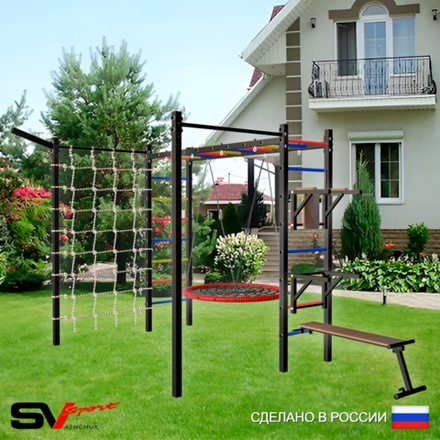 Уличная шведская стенка Sv Sport рукоход с комплектом турник прямой 2шт У5537 (Брусья/Стойка/Скамья/Гнездо 80см/Кронш бокс/Сетка)