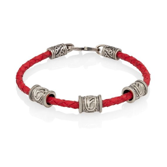 Браслет гайтан красный 3 мм с тремя рунами Феху Мельхиор, вид 1