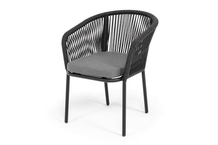"Марсель" стул плетеный из роупа, каркас алюминий черный муар, роуп темно-серый круглый, ткань темно-серая 027