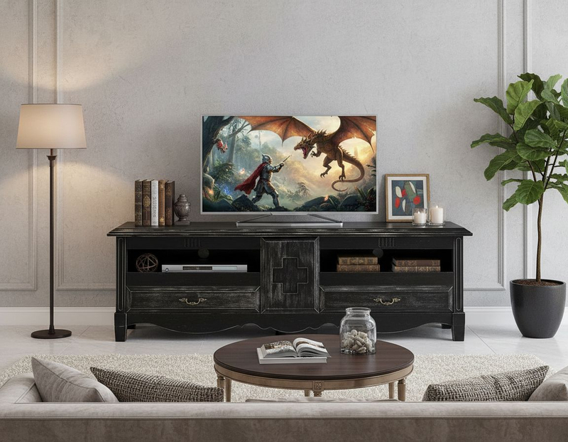 Тумба под телевизор 180х49х56, Эден, в премиальном исполнении, под ТВ, массив сосны, цвет состаренный черный, MAKOSA