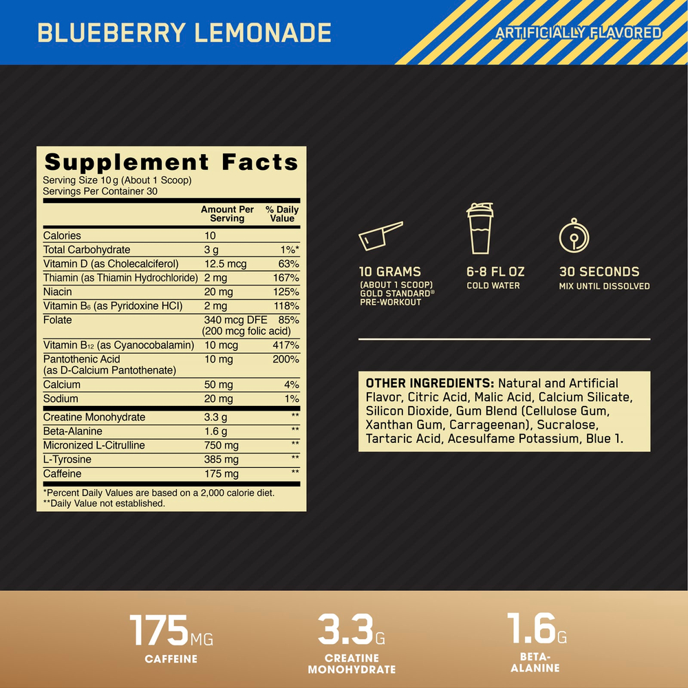 Optimum Nutrition, Gold Standard Pre-Workout, со вкусом голубики и лимонада, 300 г (10,58 унции)