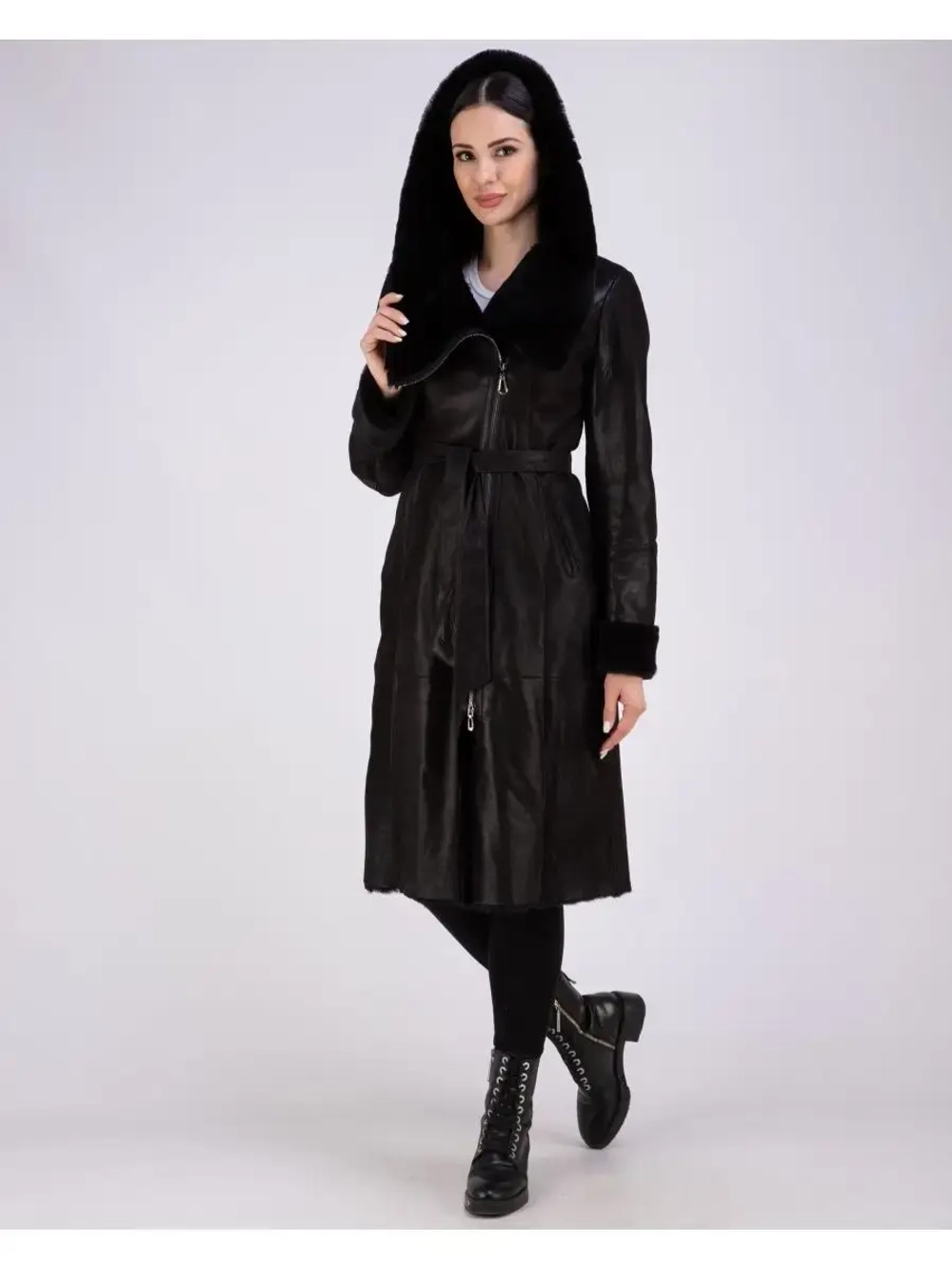 Дубленка женская зима натуральная длинная с капюшоном Турция