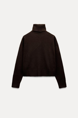 ZARA ОДНОТОННЫЙ СВИТЕР С ВЫСОКИМ ВОРОТНИКОМ, КОРИЧНЕВЫЙ