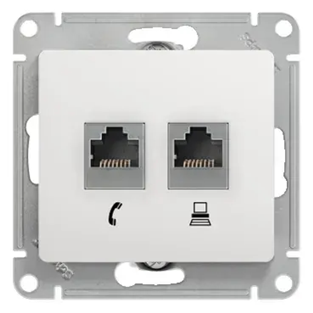 GLOSSA РОЗЕТКА двойная RJ11+RJ45 кат.5e, механизм, БЕЛЫЙ
