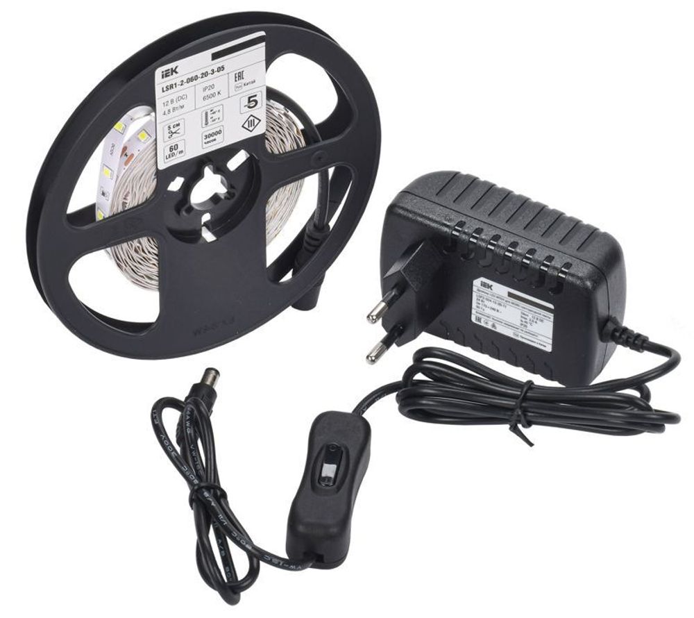 Комплект светодиодной подсветки "Сделай сам" DIY (лента LED 5м LSR-2835W60-4.8-IP20-12В + драйвер + выключатель) IEK 2LSR1-2-060-20-1-05-S1 Комплект светодиодной подсветки "Сделай сам" DIY (лента LED 5м LSR-2835W60-4.8-IP20-12В + драйвер + выключатель) IEK 2LSR1-2-060-20-1-05-S1
