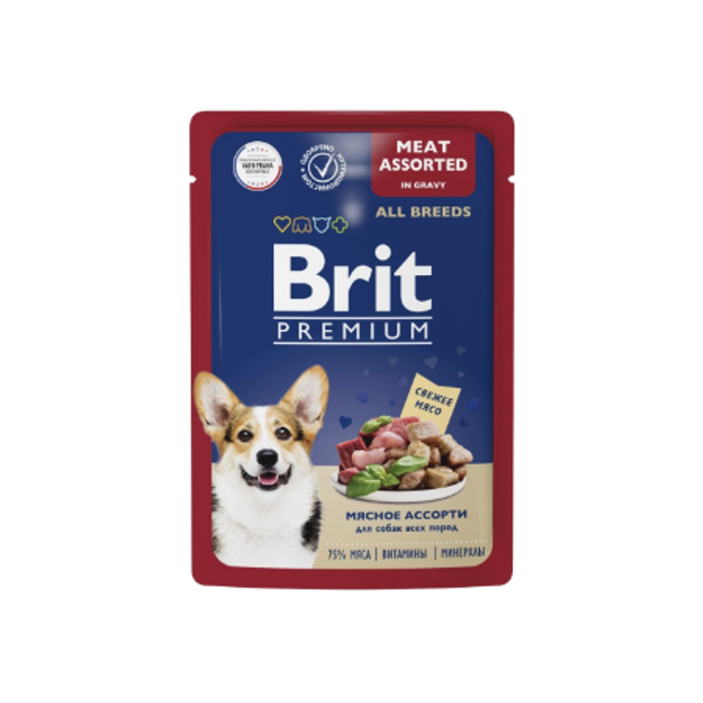 Корм для собак BRIT PREMIUM Пауч для взрослых собак всех пород, мясное ассорти в соусе 85г