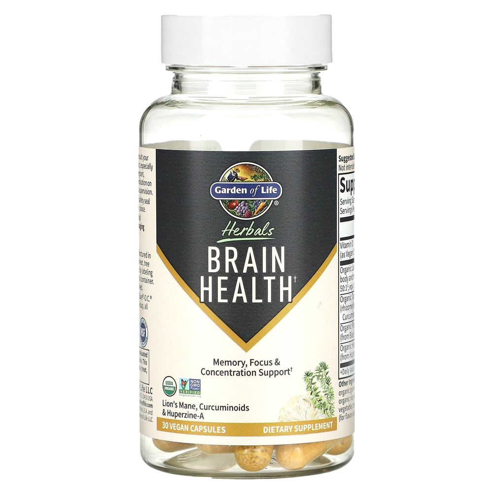 Garden of Life, Herbals, здоровье мозга, мята, 30 растительных капсул