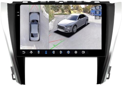 Магнитола для Toyota Camry 55 2014-2018 (рамка серебристо-черная) - FarCar BX10-360-7044B монитор 10.36" 2K QLED на Android 13, Быстрая, CarPlay, 4G SIM-слот, 4 камеры в комплекте