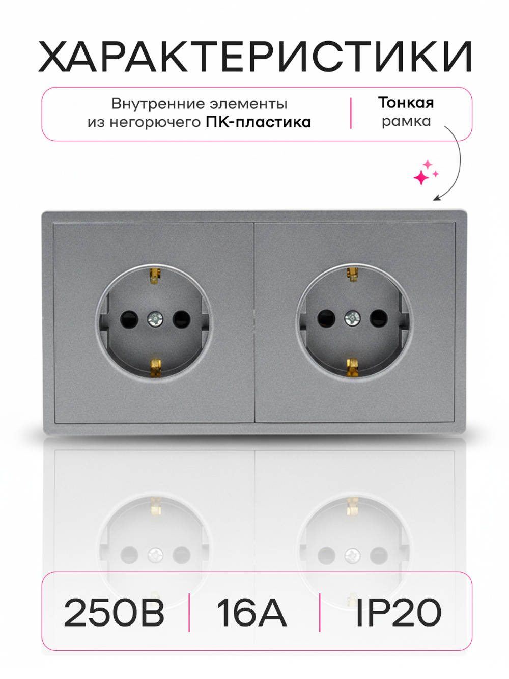 Розетка внутренняя двойная с заземлением серая