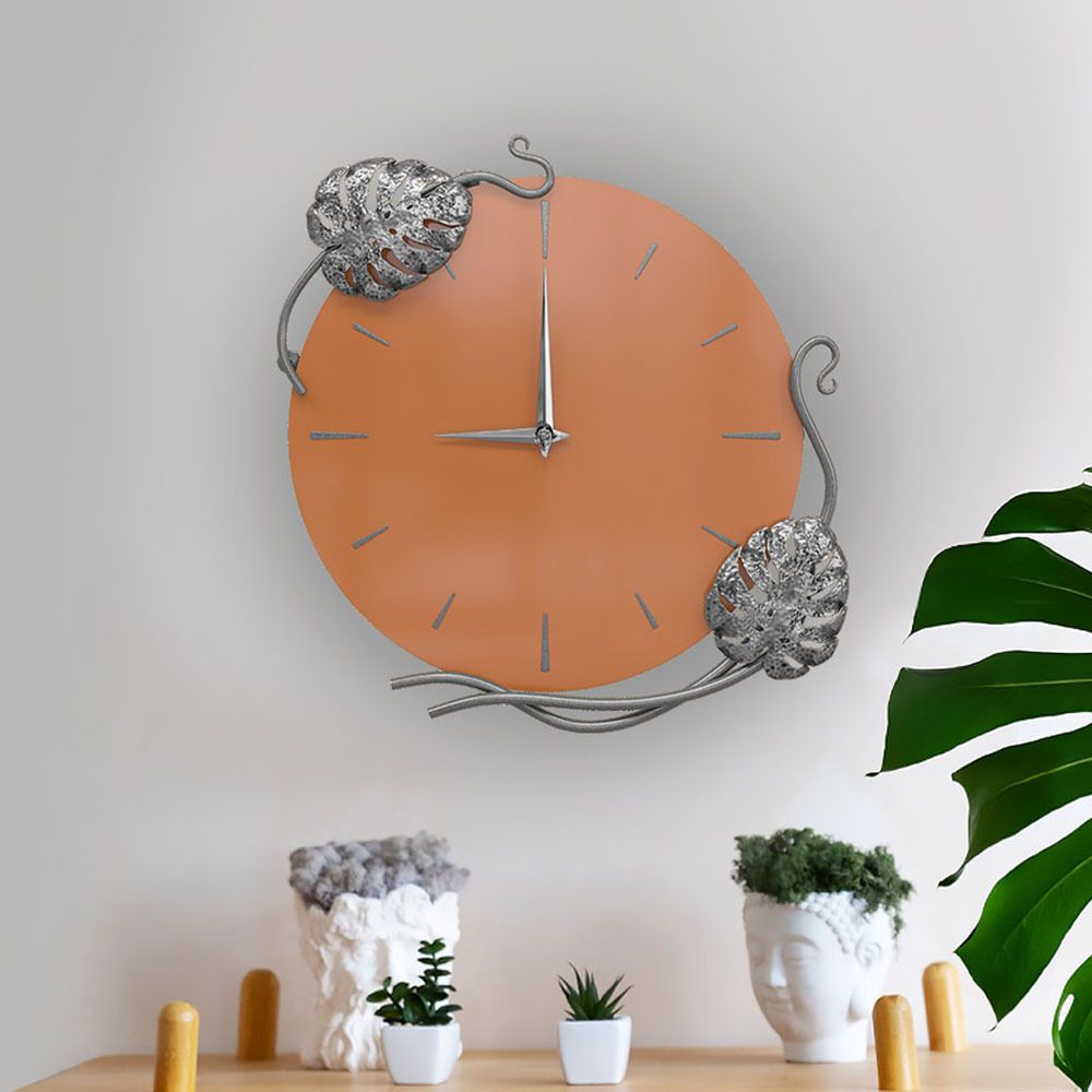 Часы настенные Monstera Deliciosa (Монстера) Колор Томленый оранжевый Сильвер