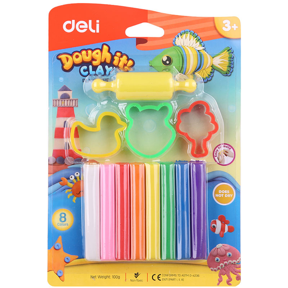Пластилин Deli "DOUGH IT!" 8 цветов, 100 гр., формы+скалка, блистер с европодвесом
