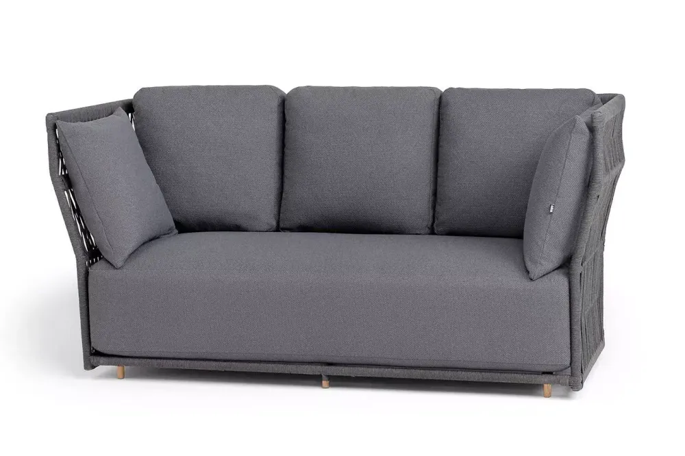 "Лугано" диван 3-местный плетеный из роупа, каркас алюминий темно-серый (RAL7024) муар, роуп темно-серый круглый, ткань темно-серая YB25-0027