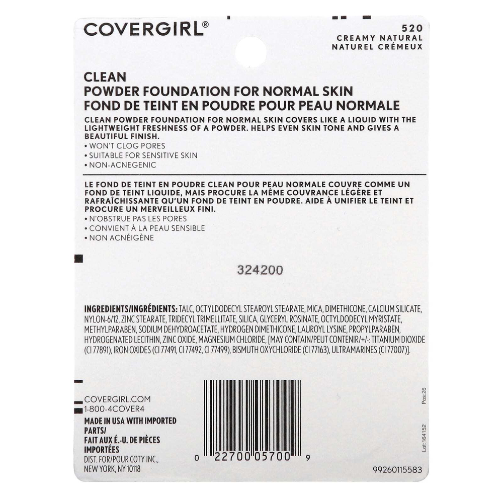 Covergirl, Clean, тональная пудра, оттенок 520 Creamy Natural, 11,5 г (0,41 унции)