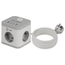 Удлинитель электрический ЭРА CUBE-3es-1,5m-4USB-W куб с заземлением с выключателем 3 розетки+4xUSBA+C 1,5м 16А белый | Бытовые удлинители