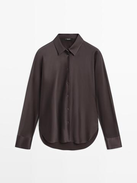 Massimo Dutti Атласная рубашка с рукавами «летучая мышь», шоколадный