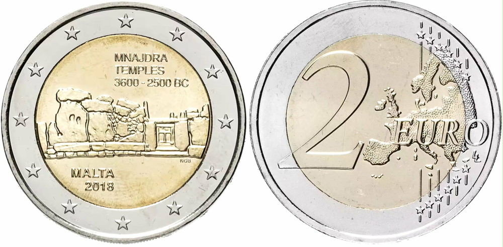 Мальта 2 евро 2018 Доисторические места Мальты - Храм Мнайдры UNC