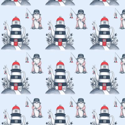 Маяк-чайник и гном-рыбак на голубом