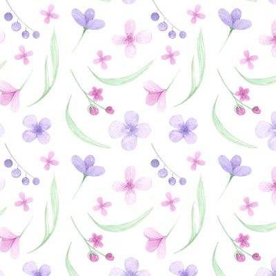 Весенний принт. Розовые и сиреневые цветы, весенняя зелень. Цветочный принт