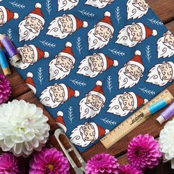 Ткань шифон спящий санта-клаус на синем фоне